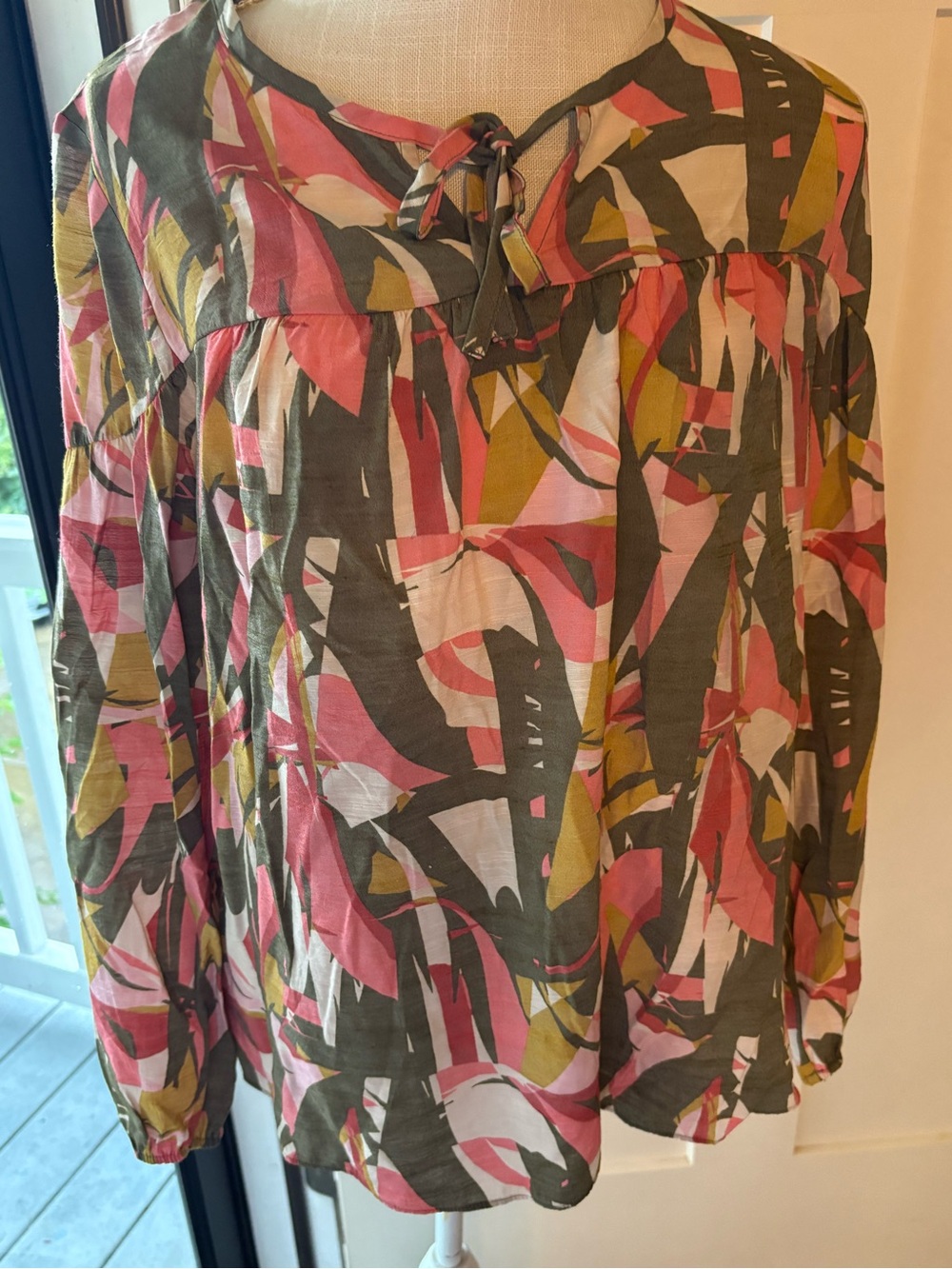 Nine West Women's S Top Peasant Blouse, Long Sleeve Abstract Boho Fall Top EUC